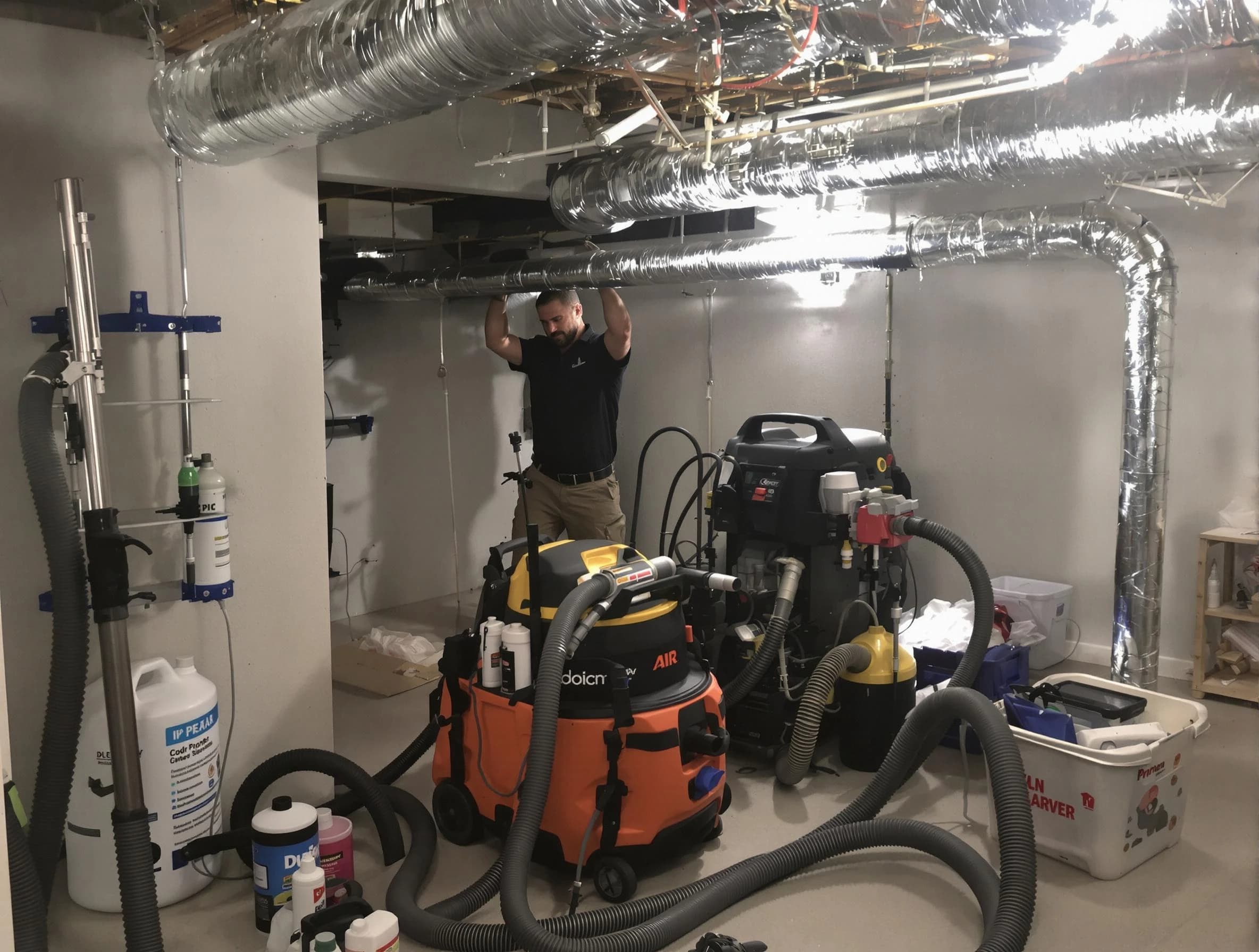 Orange Air Duct Cleaning specialist performing professional mold removal from air ducts using safety equipment in Orange