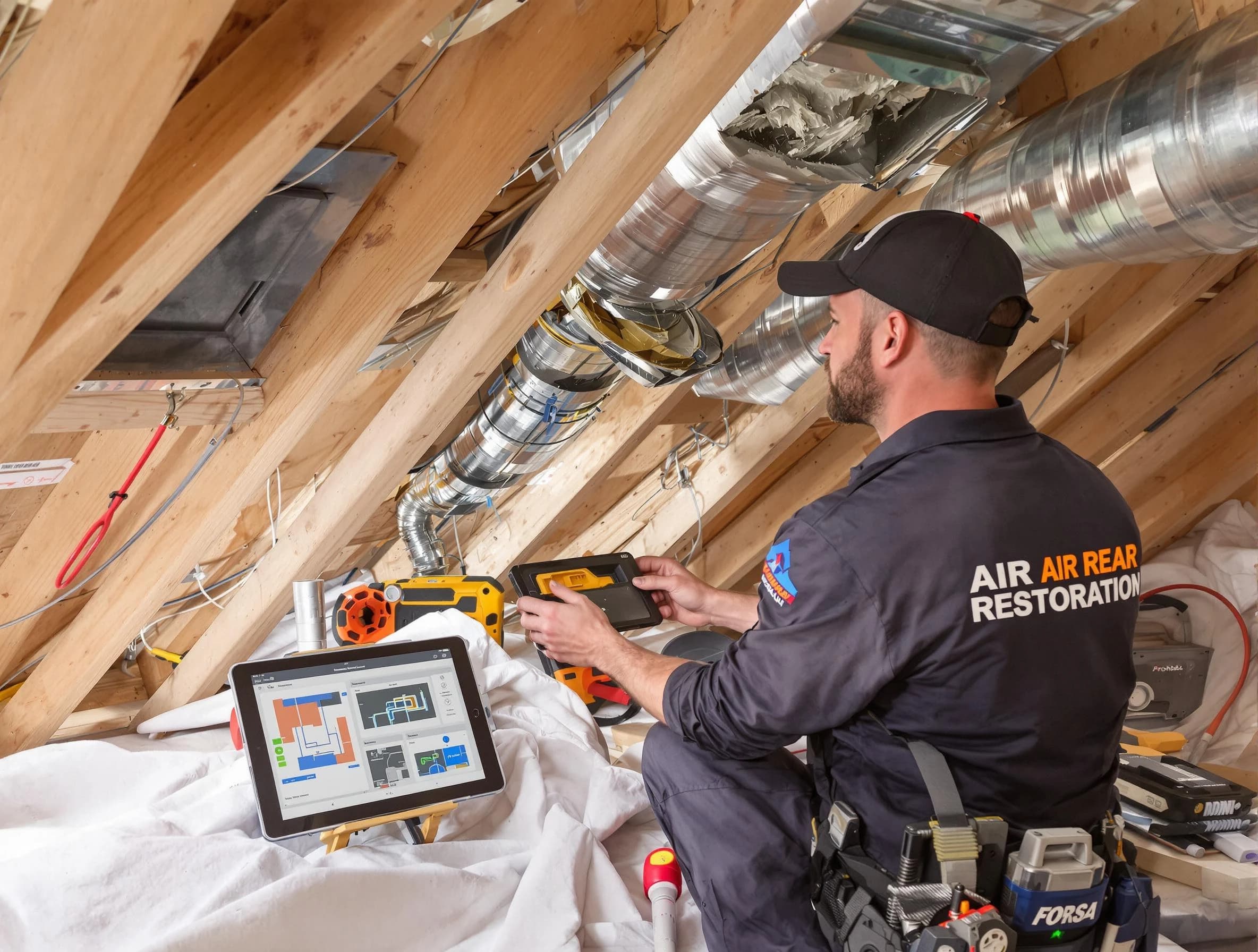 Orange Air Duct Cleaning technician performing precise duct repair work in Orange