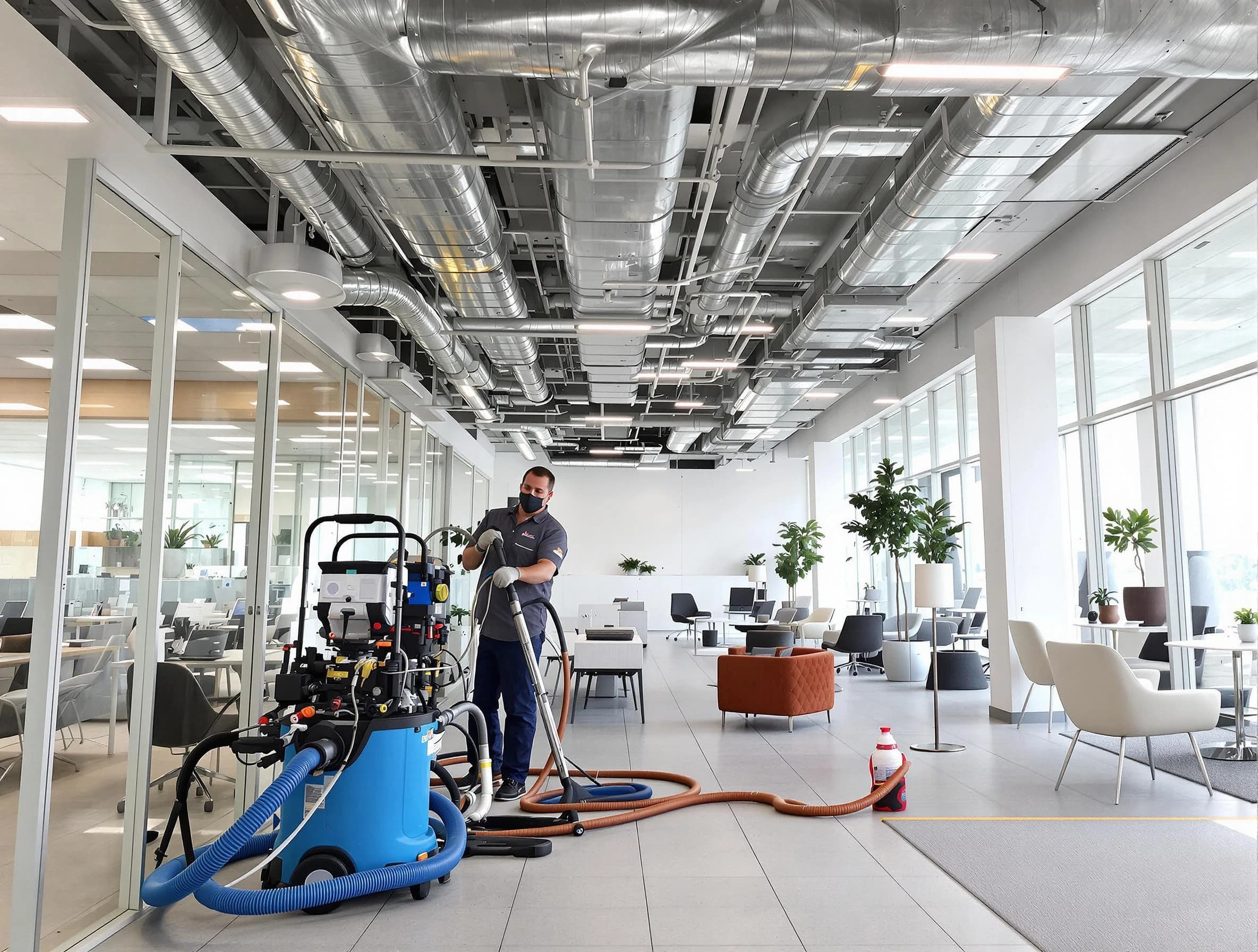Orange Air Duct Cleaning team conducting comprehensive commercial duct cleaning at a business location in Orange