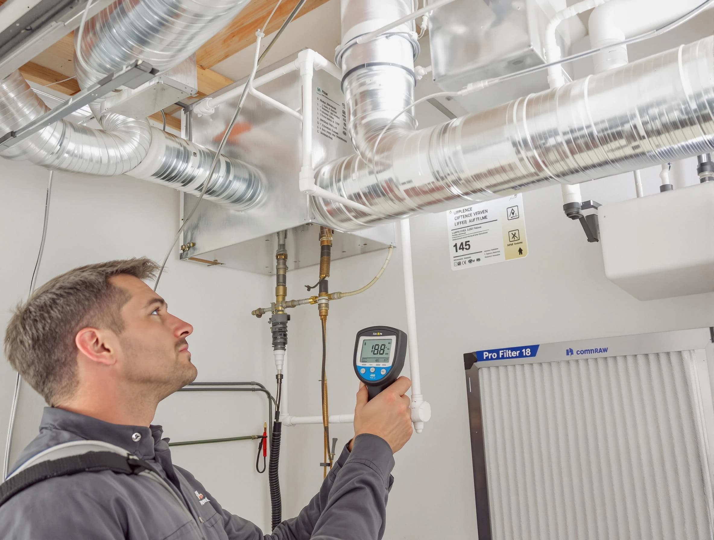 Orange Air Duct Cleaning expert conducting detailed filter system inspection using diagnostic tools in Orange