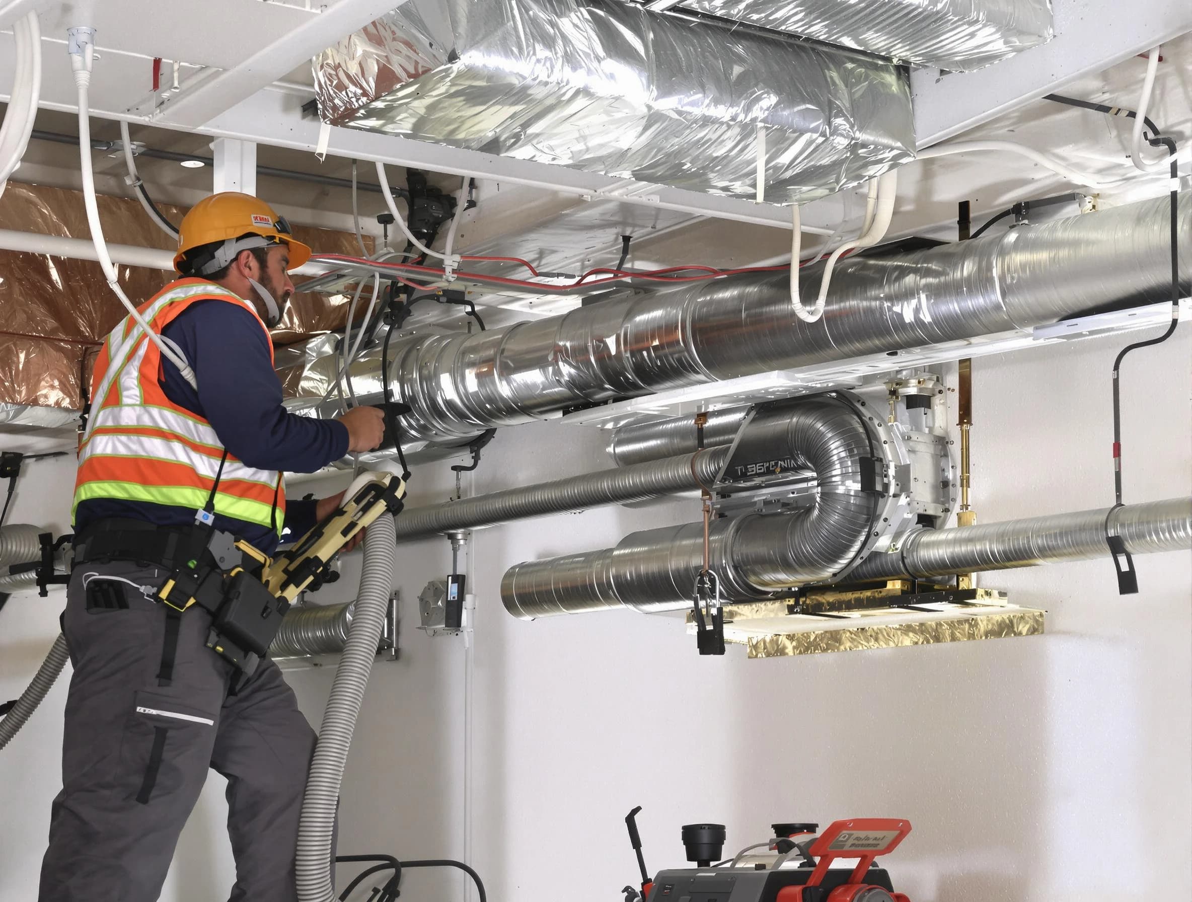 Orange Air Duct Cleaning technician performing precision vacuum insulation removal in a residential property in Orange